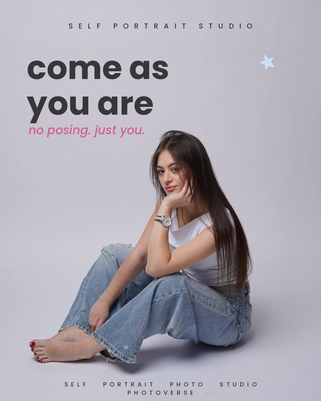 Come as you are — casual self-portrait in a white tee and jeans