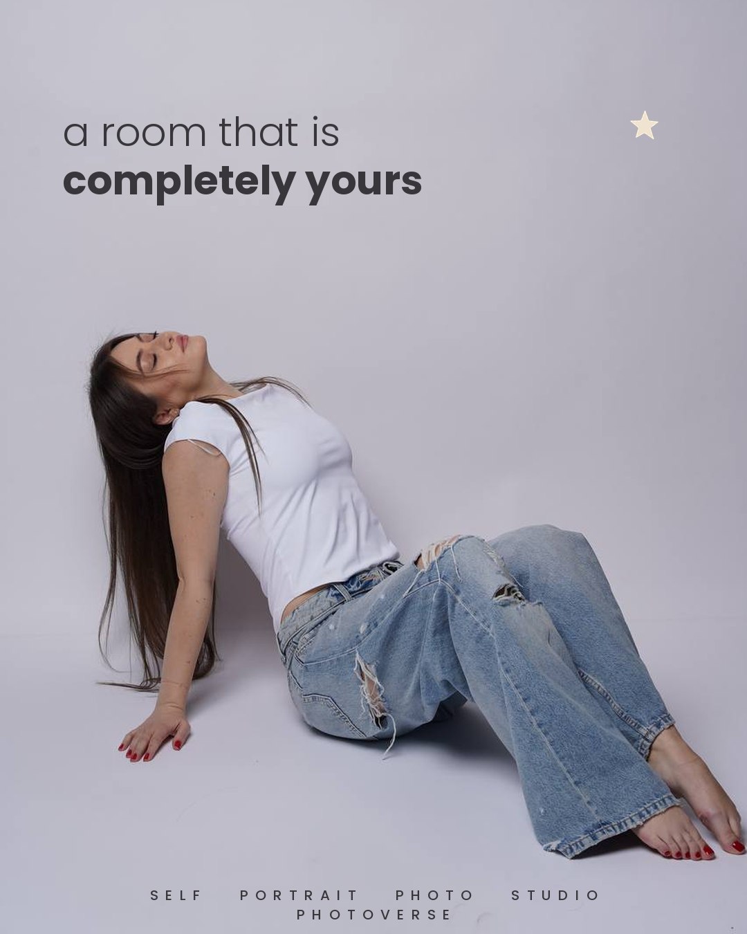 A room that is completely yours — relaxed pose on the studio floor