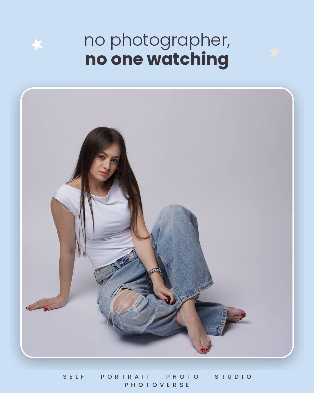 No photographer, no one watching — casual seated self-portrait