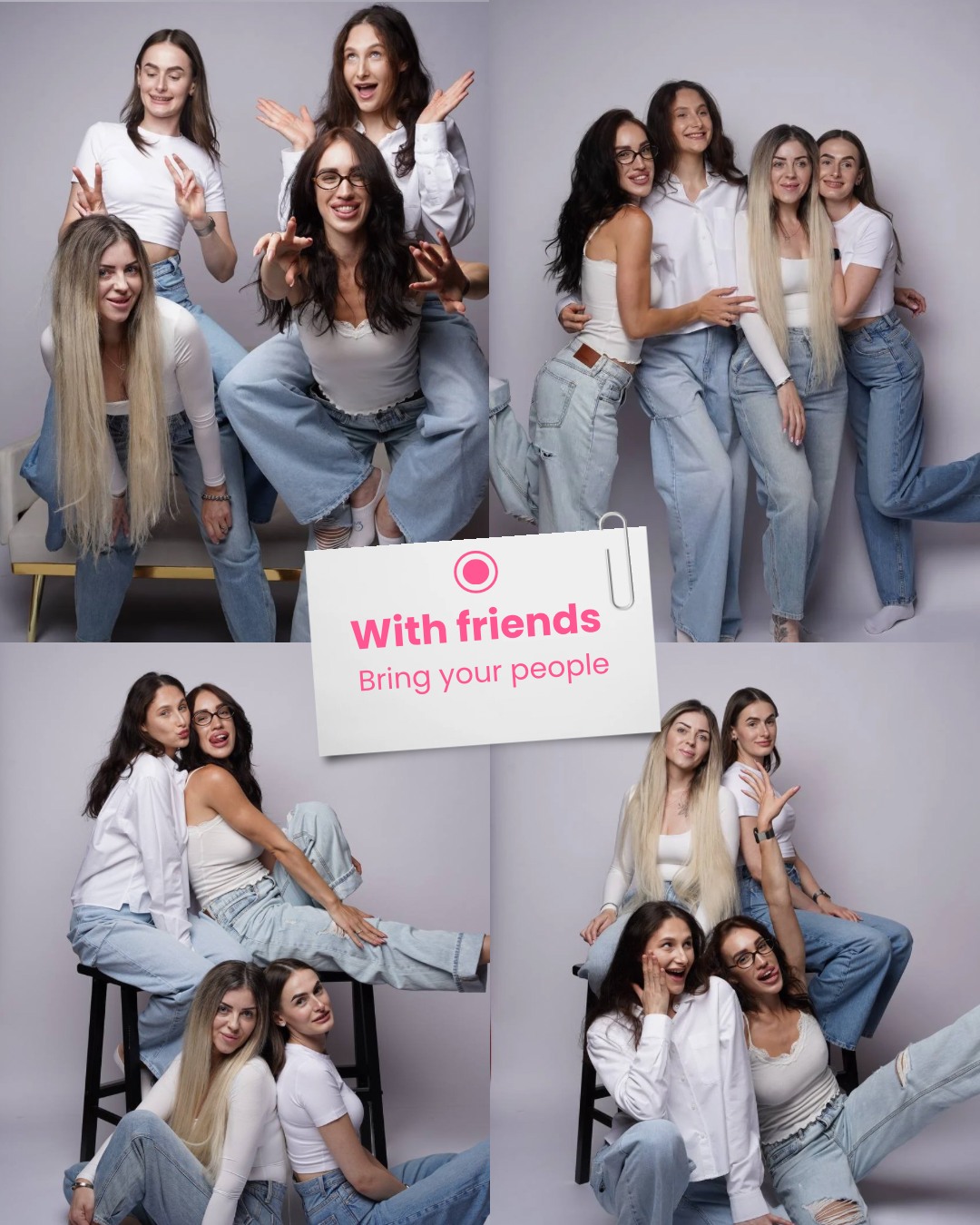Friends photoshoot collage — bring your people to the studio