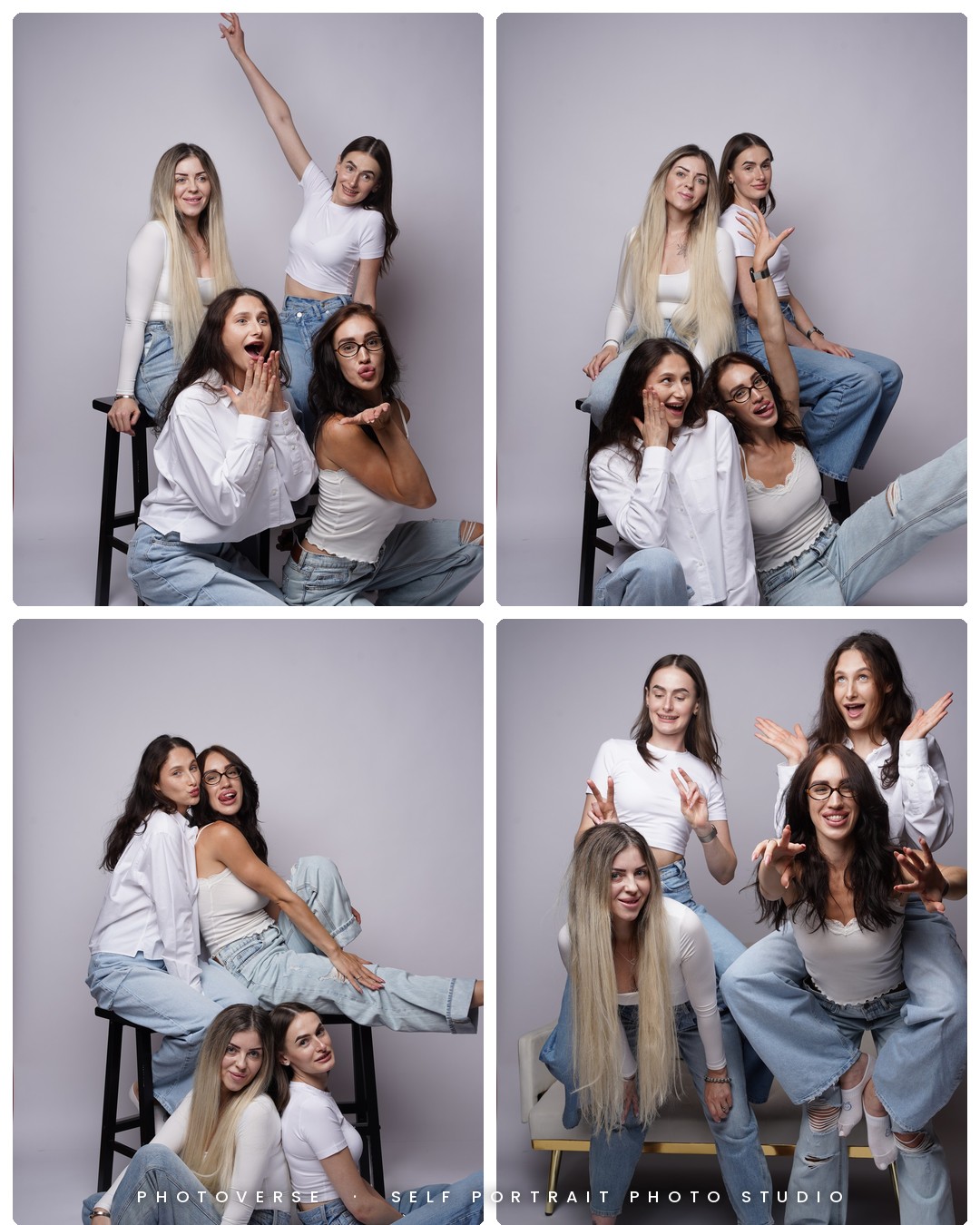 Group photoshoot collage — fun poses with friends on a grey backdrop