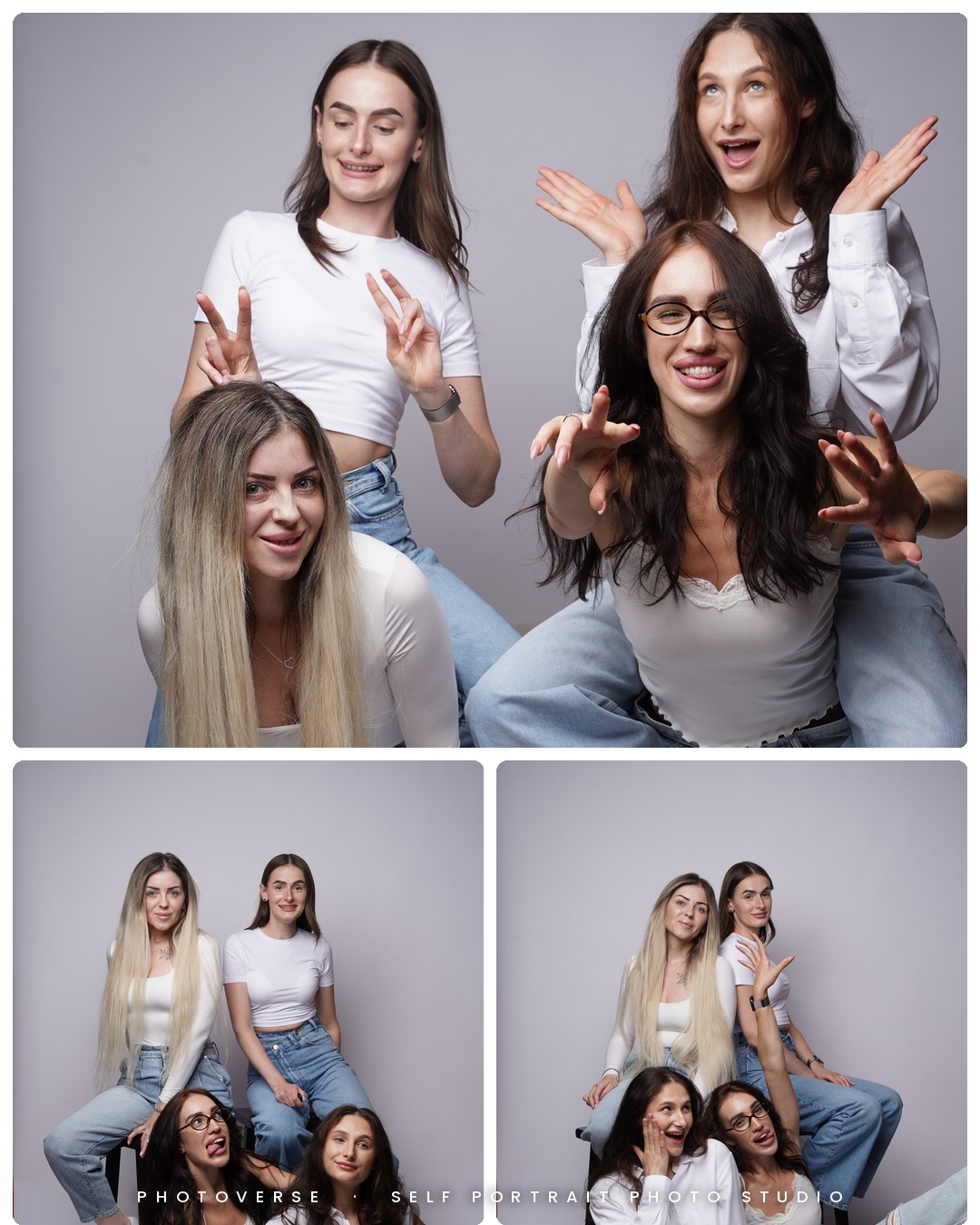 Three fun poses from a friends' group photoshoot