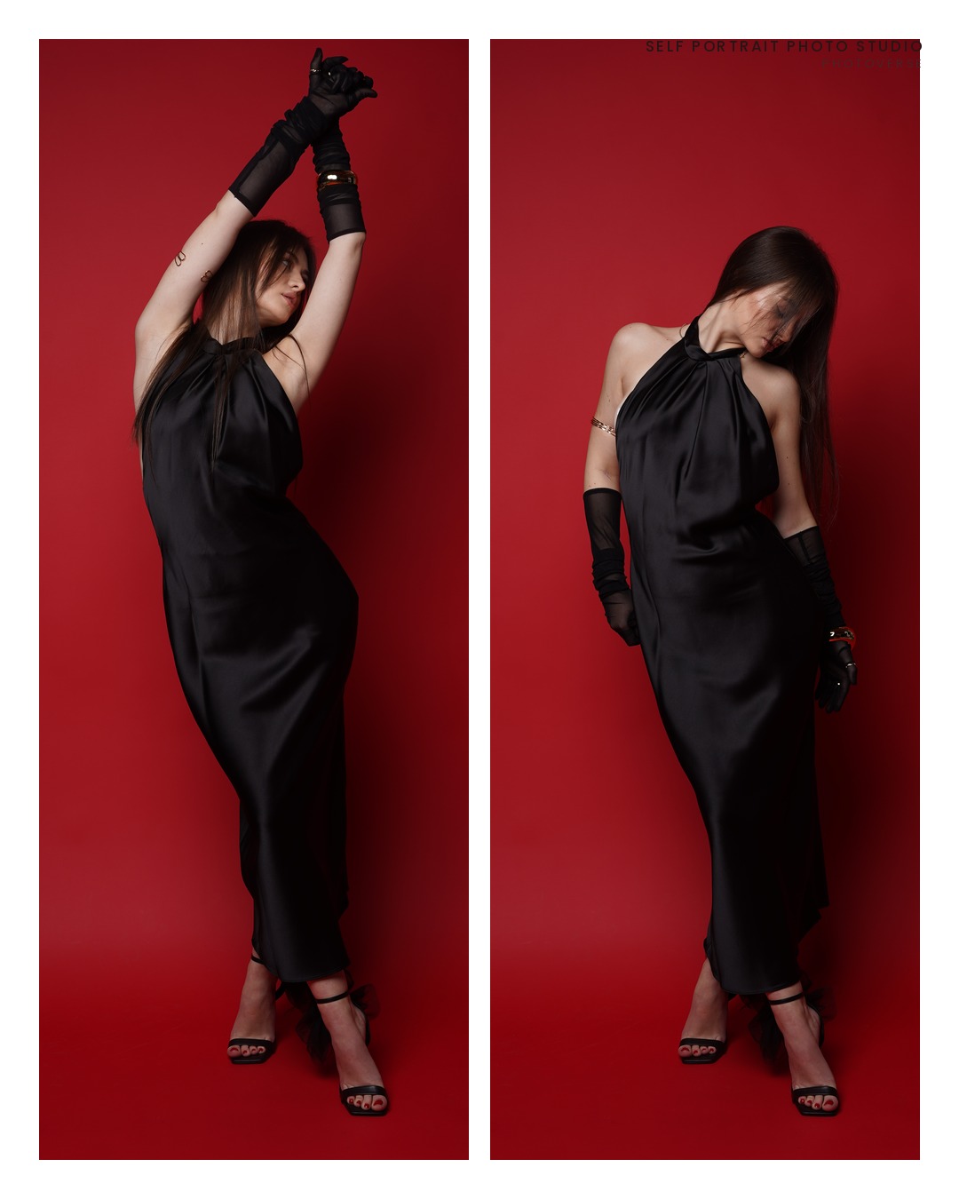 Two poses with raised arms in a black dress and long gloves, red backdrop