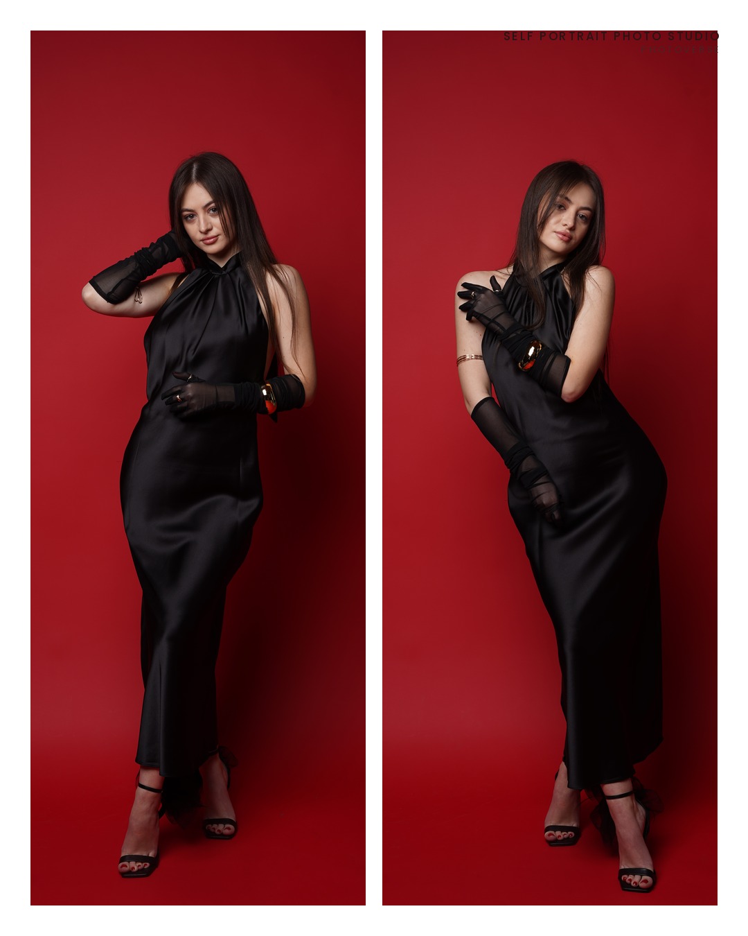 Two standing poses in a black satin gown, red backdrop